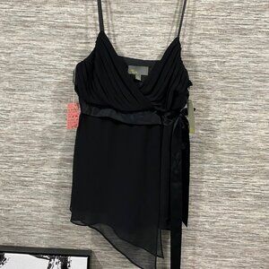 Linea Domani Black Pleated Wrap Dress With Asymmetrical Hem & Adjustable Straps